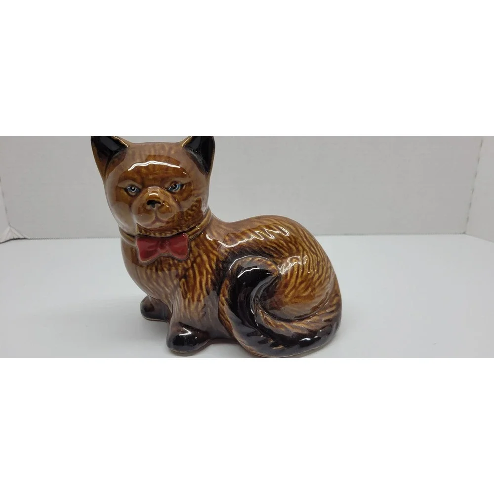 Vintage Porcelain Kitty‎ Cat Handcrafted Collectibles Brown Black Red Bow Tie